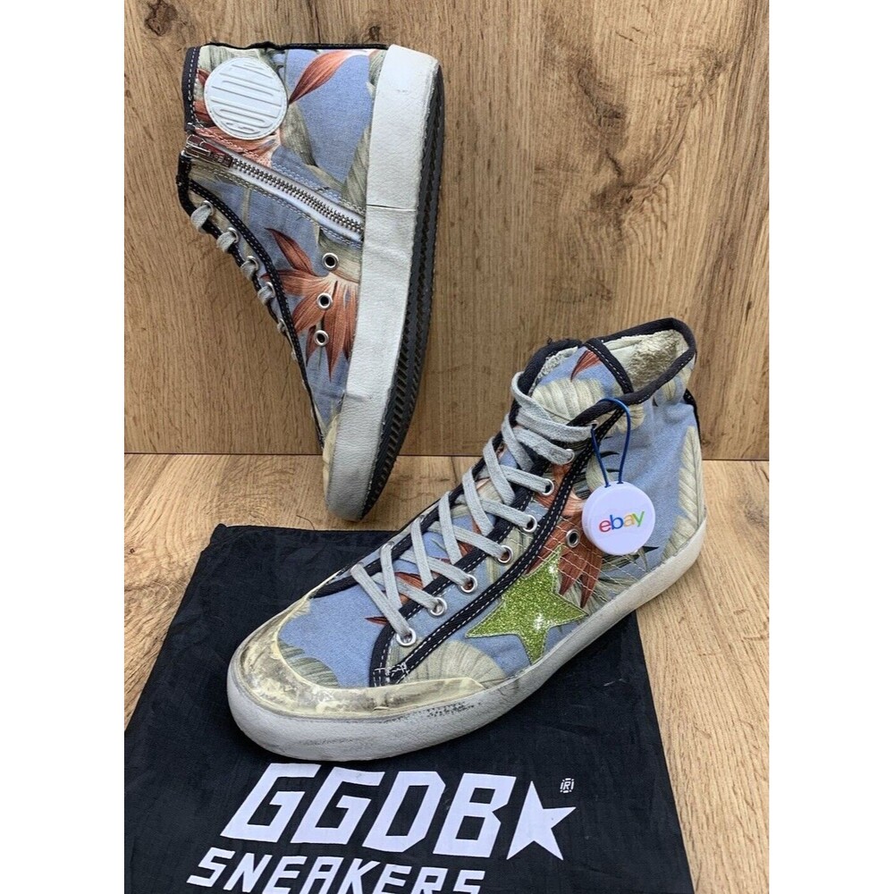 Golden Goose Blue Floral High-Top Sneakers with Green Star